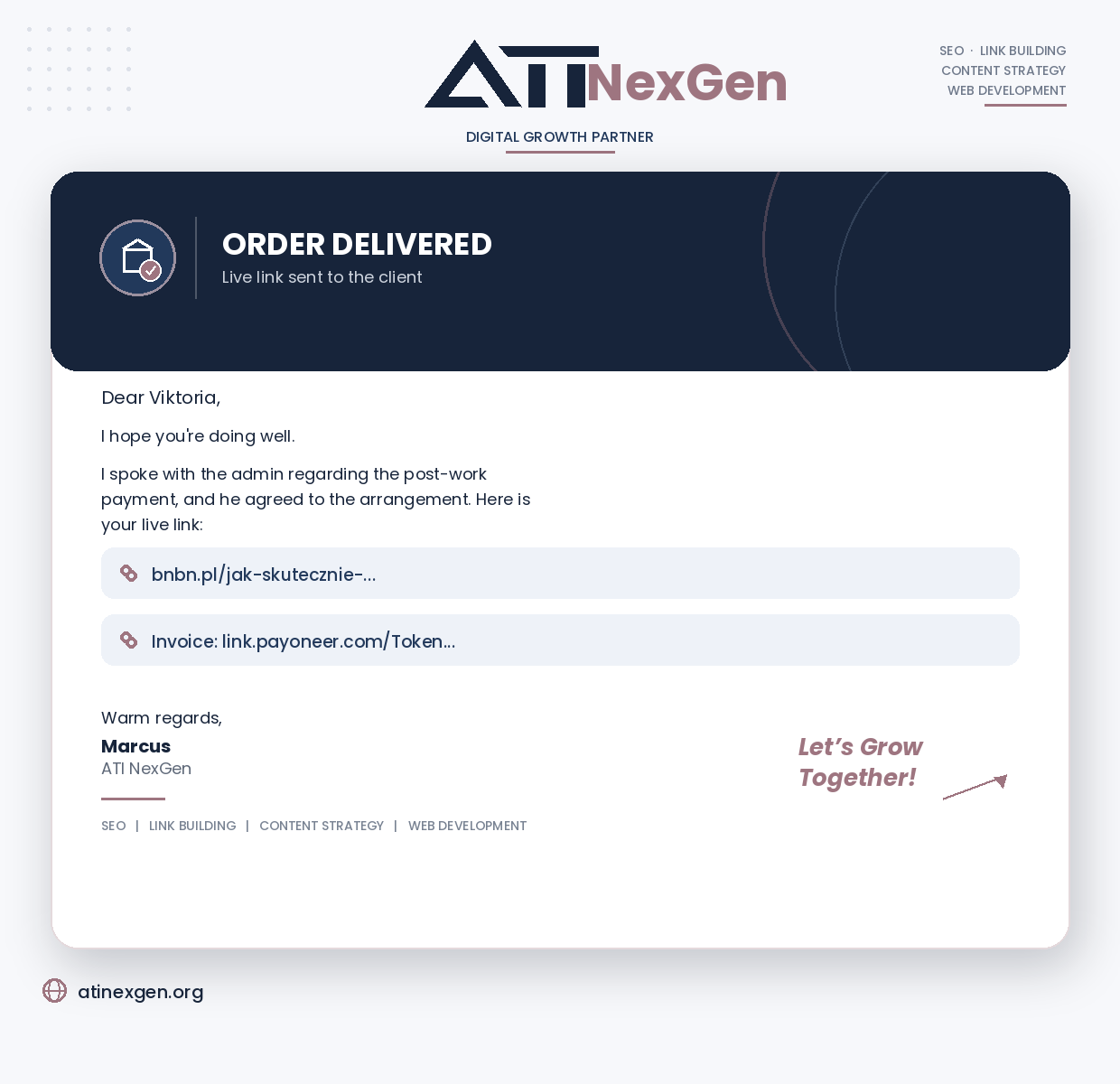Order delivered confirmation, live placement on bnbn.pl