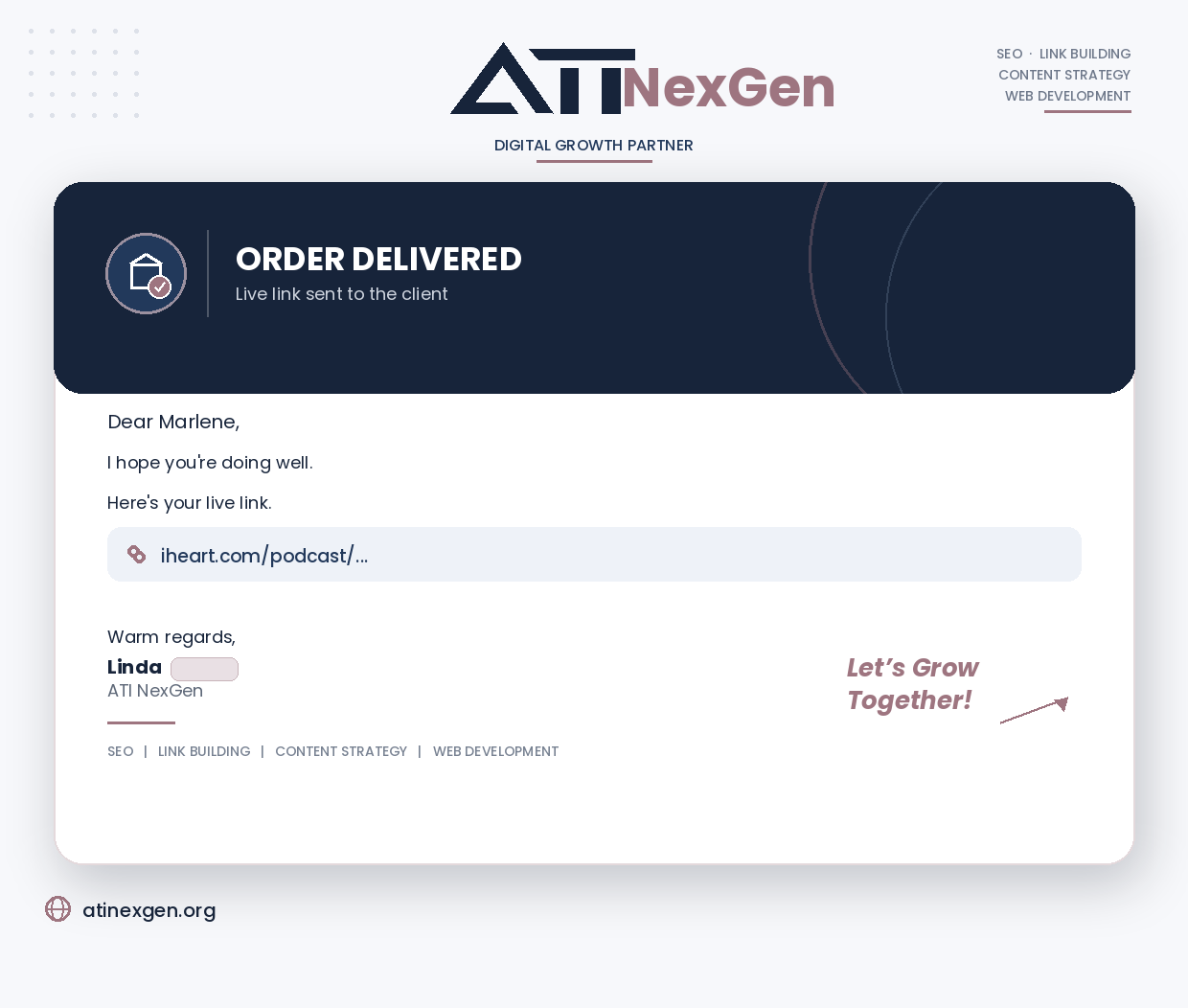 Order delivered confirmation, live placement on iheart.com